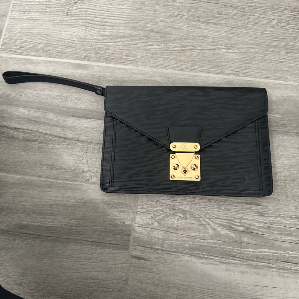 Louis Vuitton Black Leather Clutch with Gold Accents